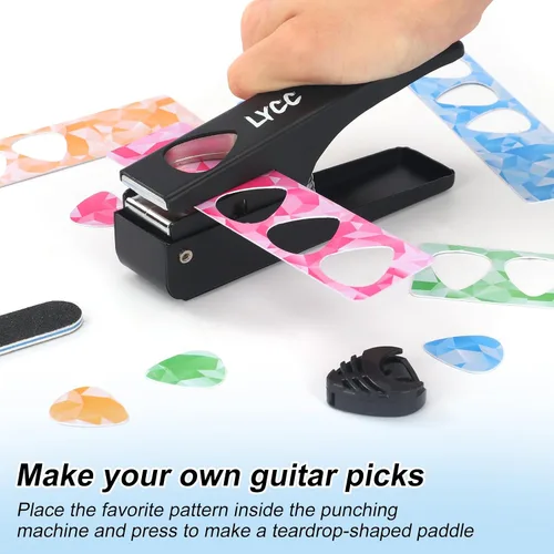 Vista 2 de paquete de regalo de lujo para hacer púas de guitarra DIY, cortador de púas de guitarra premium, 16 tiras de clip de paleta y una lima para suavizar