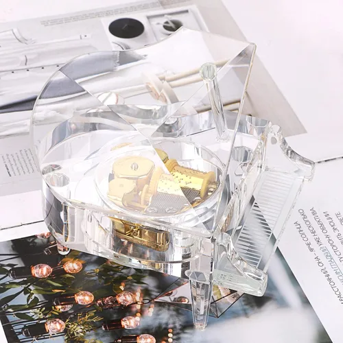 Vista 9 de Caja musical de cristal ELLDOO, caja musical decorativa de relojería con forma de piano, adorno de piano transparente, regalo romántico para niñas