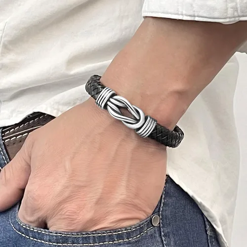 Vista 2 de Pulsera de cuero trenzado negro para hombre, papá, marido, novio, hijo, nieto, hermano, para siempre, vinculado para Navidad, cumpleaños, día
