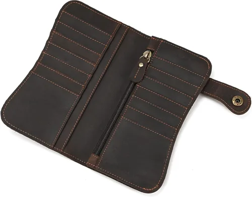 Vista 5 de Cartera larga de cuero genuino para hombre, cartera con tarjetero y bolsillo para monedas