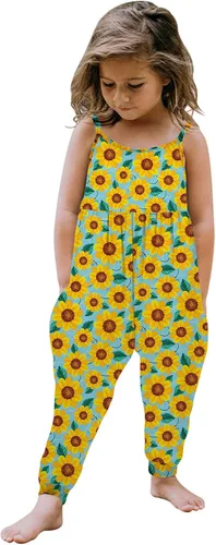 Vista 2 de Mameluco de verano con cuello redondo para niñas, con estampado floral, sin mangas, elástico (amarillo, 4-5 años)