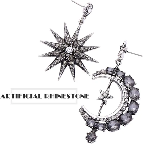 Vista 4 de MINIDUO aretes de luna y estrella para niñas, joyas, a la moda, aretes colgantes, para mujer, aleación, Negro
