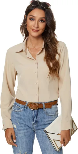 Vista 16 de Atnlewhi - Camisa de trabajo clásica con botones, manga larga, elástica, formal y casual para mujer