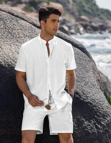 Vista 4 de COOFANDY Conjunto de lino de 2 piezas para hombre, camisa y pantalones cortos con cuello de banda casual