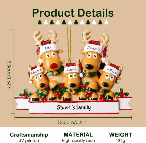 Vista 5 de Adornos de Navidad familiares personalizados 2023, familia de 2, 3, 4, 5, 6, 7, 8, 9 y 10, adorno de Navidad con nombre personalizado de reno