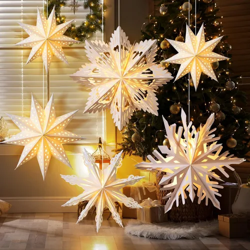 Vista 8 de Watersay Paquete de 6 Faroles de Papel de Copo de Nieve de Navidad Faroles de Papel de Estrella de Navidad con 6 Luces LED Blancas Ornamentos