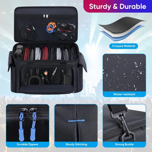 Vista 4 de Bolsa grande para archivos de cable de DJ con 8 divisores desmontables, bolsa de DJ acolchada con múltiples compartimentos y bolsillos para equipos