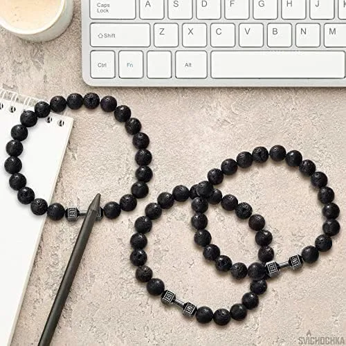 Vista 7 de Lava Beads Gym Bracelets for Men - 8mm Lava Rock Bracelet Natural Stone, Men Stretch Bracelet Bead Bracelet for Women- Alloy Dumbbell Bracelet