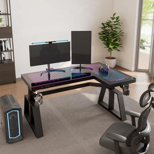 Vista 2 de EUREKA ERGONOMIC Escritorio de pie, mesa de juegos, escritorios RGB de vidrio, computadora de altura ajustable de 60 pulgadas, escritorio de esquina