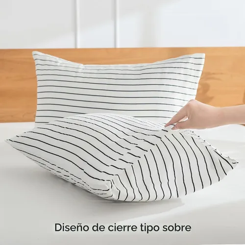 Vista 4 de JELLYMONI - Juego de 2 fundas de almohada de algodón natural 100 % a rayas, tamaño estándar, color blanco con finas rayas negras impresas, con 0608