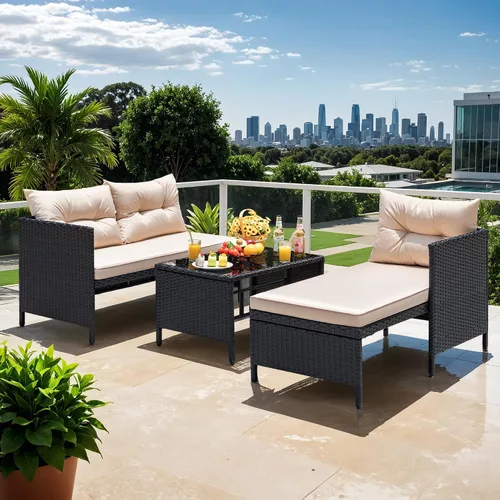 Vista 6 de Devoko - Juego de muebles de patio al aire libre, 3 piezas de sofá seccional de ratán impermeable para todo tipo de clima, sofá en forma de L