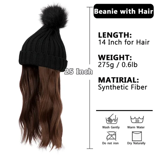 Vista 2 de Gorro para mujer con pelo adjunto, gorro de punto cálido con pompón unido de 14 pulgadas de largo, ondulado, extensiones de cabello rizado, postizo