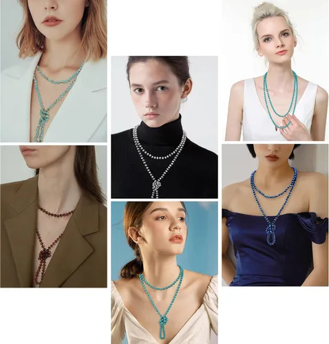 Vista 3 de Firstmeet Collar largo de cuentas de moda con nudo de cuerda, versátil, 60 pulgadas, joyería de disfraz para mujer Aqua Sky AB