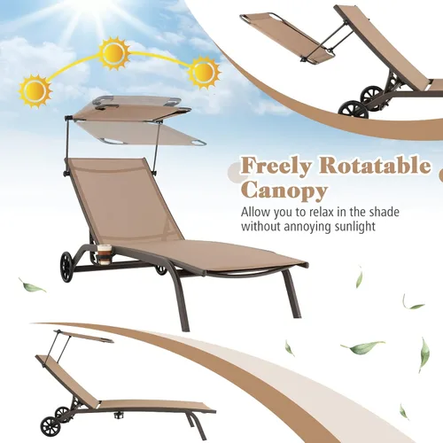 Vista 5 de Tangkula Tumbona para patio, reclinable al aire libre con ruedas, toldo ajustable y portavasos, respaldo de 6 niveles, tumbona reclinable de metal