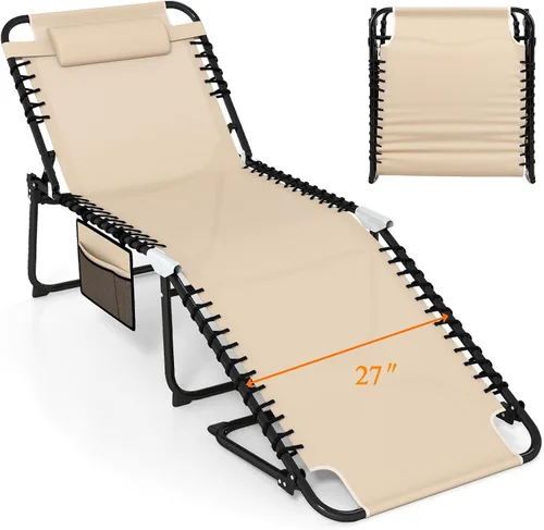 Vista 12 de Goplus Tumbona para exteriores, silla plegable de 5 posiciones para playa, con almohada desmontable, bolsillo lateral, tumbona para tomar el sol