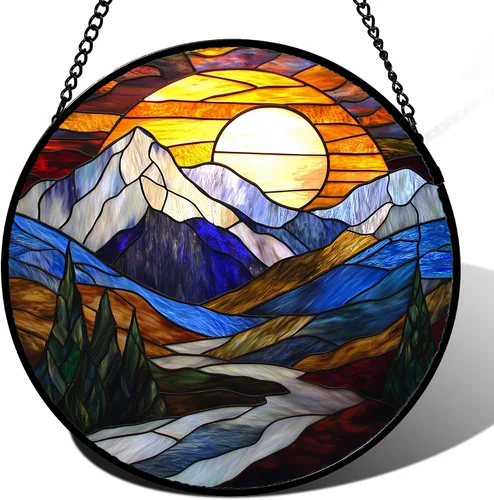 Vista 20 de Colgador de vidrieras para colgar, atardecer montañas, lago, árbol, atrapasoles para ventana, decoración del hogar, paisaje, día de la madre