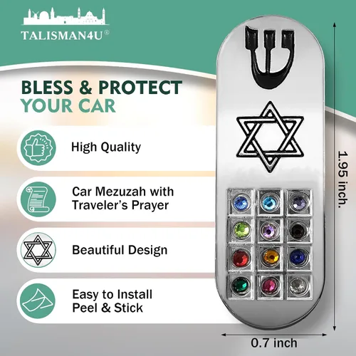 Vista 2 de Protección CAR MEZUZAH con viajeros Pergamino de oración Estrella judía de David y Hoshen Mezuza de Israel Jerusalén Arte Judaica Regalo