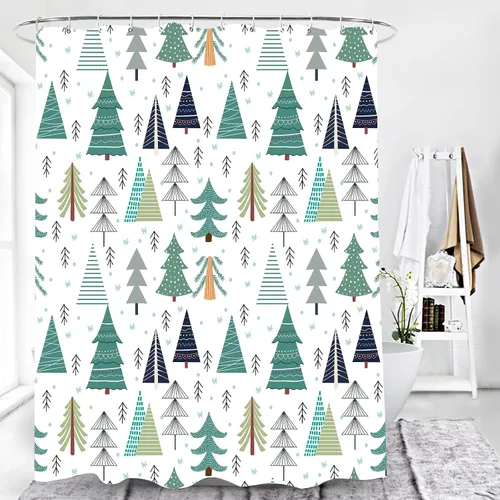 Vista 3 de Cortina de ducha de árbol de Navidad de 72 x 72 pulgadas, verde azulado, árbol de Navidad, copo de nieve, fondo blanco, festival, vacaciones