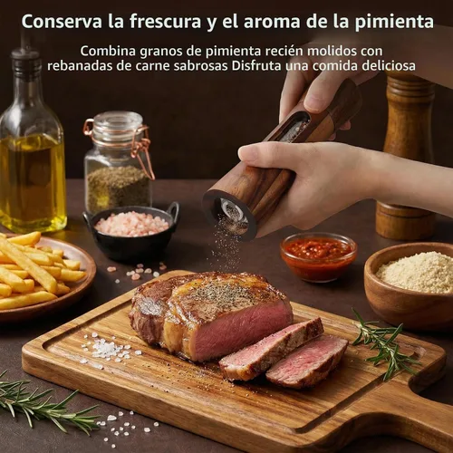 Vista 7 de Juego de molinillo de sal y pimienta de madera, molinillo de sal y pimienta de madera recargable manual de 8 pulgadas con cepillo, bandeja