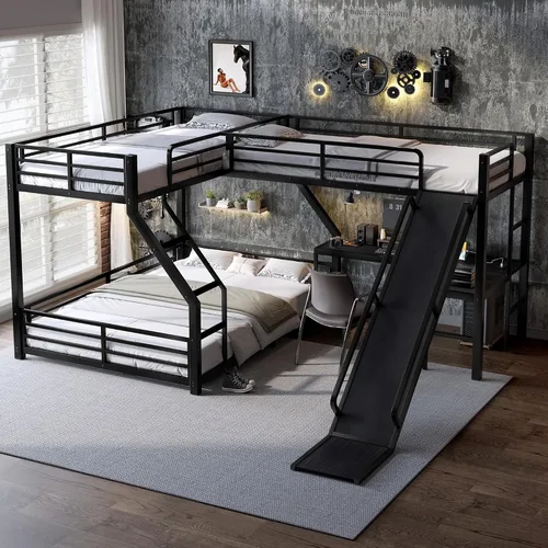 Vista 21 de Twin Size L-Shaped Gaming Loft Bed with Dual Built-in Desks，Black+Blue-P