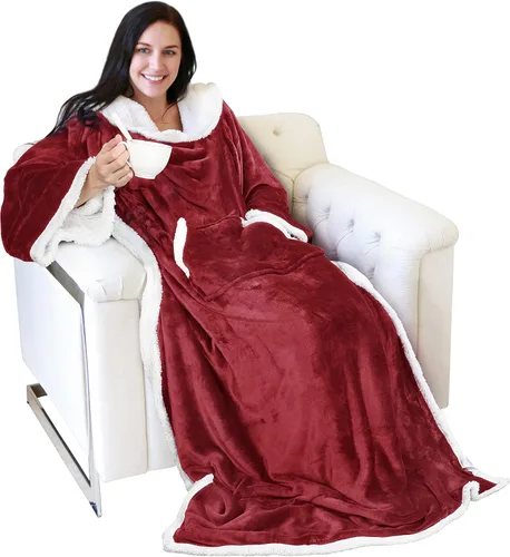 Vista 27 de Catalonia - Manta de forro polar tipo sherpa con mangas, súper suave, cálida y cómoda, de gran tamaño, de forro polar y microplush, con mangas