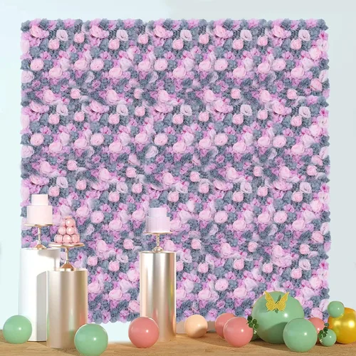 Vista 4 de OUKANING Paquete de 6 paneles de pared de flores de seda con rosas de seda, telón de fondo de pared de flores artificiales para interiores y Morado