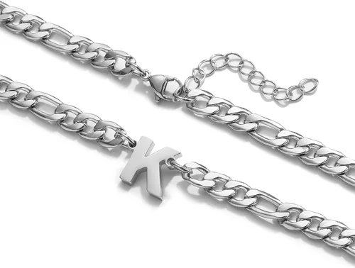 Vista 5 de GLITTO Collar de cadena Figaro con inicial A-Z para hombres, niños y mujeres, colgante de letra, acero inoxidable, 0.256in, 18+2 pulgadas, regalo