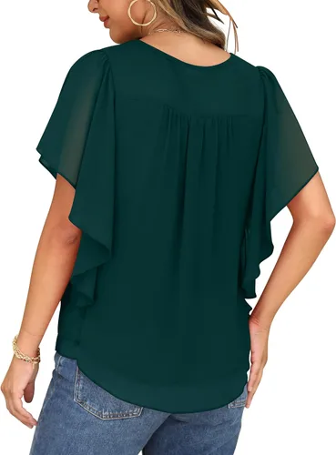 Vista 4 de QIXING Blusas de gasa con cuello redondo y cuello redondo de verano para mujer