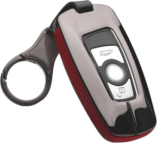 Vista 3 de ontto Funda para llavero BMW con llavero de aleación de zinc de metal, piel para llave de cuero, compatible con BMW 1 3 4 5 6 Series, Negro-S