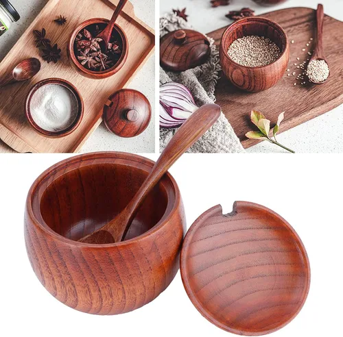 Vista 7 de Olla de especias de madera, bodega de sal de madera natural con tapa y cuchara, contenedor de azúcar, tarro de especias vintage, recipiente