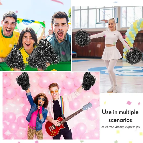 Vista 5 de 60 Piezas Pompones de Animadoras de Papel Metálico Pompones de Animación a Granel con Mango de Plástico Accesorio de Disfraz de Animación para Negro