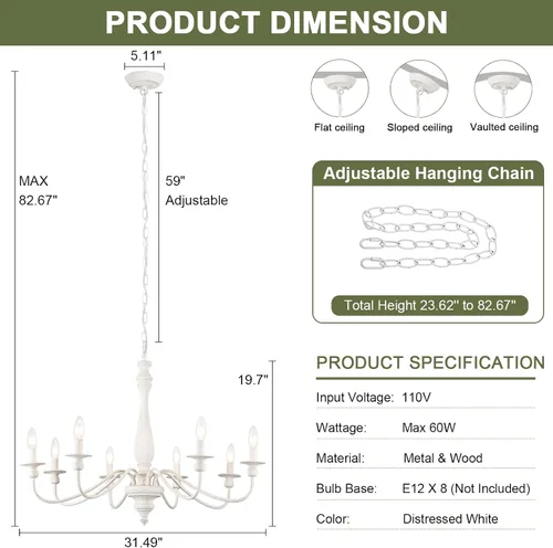 Vista 3 de Candelabros de granja para comedor, 6 luces envejecidas blancas francesas de campo, lámpara rústica de madera vintage, lámpara colgante