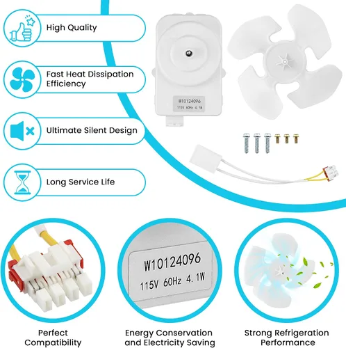 Vista 4 de Kit de motor de ventilador de condensador W10124096 compatible con refrigeradores Whirl-Pool Kitche-Naid que reemplaza 2188538 2188727 W10130108