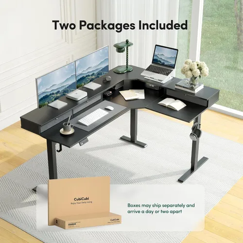 Vista 9 de CubiCubi Escritorio de pie en forma de L de 63 x 48 pulgadas con 3 cajones y estante para monitor, escritorio esquinero de altura ajustable