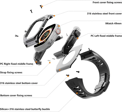 Vista 8 de VeveXiao - Funda resistente con correa compatible con Apple Watch Ultra 2 bandas de 49mm, funda protectora de metal con correa de repuesto de goma