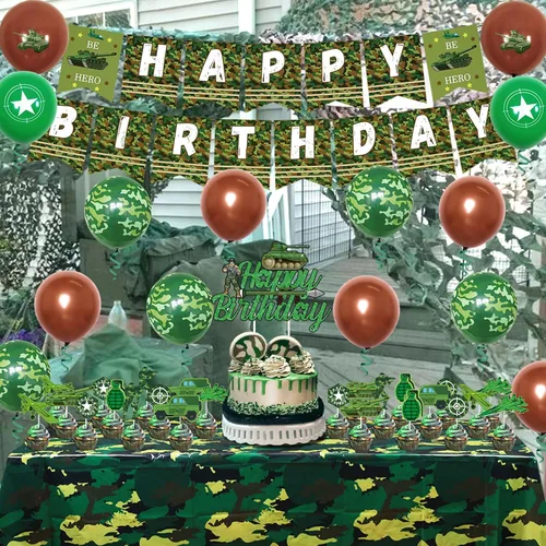 Vista 4 de Decoraciones de fiesta de cumpleaños de camuflaje para niños, niñas y adultos, pancarta de camuflaje de feliz cumpleaños, mantel, globos de látex