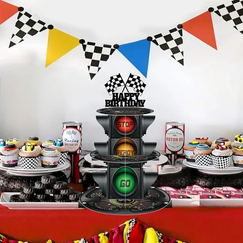 Vista 6 de Soporte redondo de 3 niveles para cupcakes con tema de luz de señal, soporte para postres con temática de coche, decoración de fiesta de cumpleaños