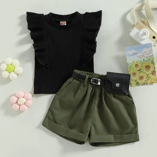 Vista 169 de TheFound Trajes de verano para niñas pequeñas, sin mangas, de punto acanalado, halter, pantalones cortos, ropa para recién nacidos, conjunto de 3