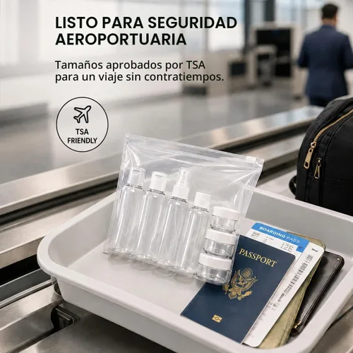 Vista 4 de Conjunto de 7 – Botellas vacías tamaño de viaje de plástico transparente, aprobado por la TSA/Aerolínea