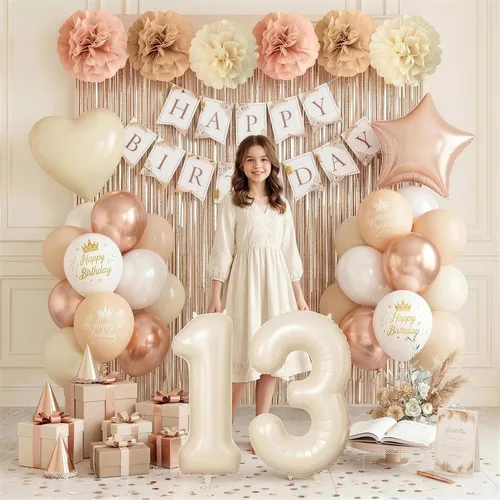 Vista 7 de Decoraciones de cumpleaños número 13 en crema para niñas, globos beige con número 13 en forma de corazón y estrella marrón, globos neutros