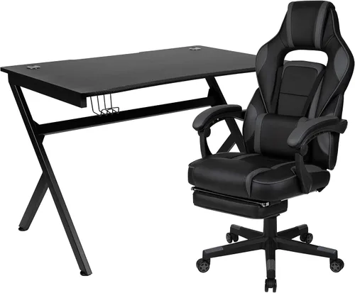 Vista 78 de Flash Furniture Juego de escritorio para juegos negro y silla de carreras blanco/negro con soporte para tazas, gancho para auriculares y soporte