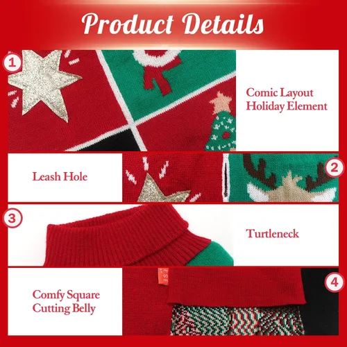 Vista 2 de KYEESE Suéter de Navidad para perros pequeños, cuello alto, bloque de color, ropa de punto para perro con agujero para correa, suéter