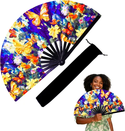 Vista 7 de Abanico de mano grande de 33 cm con luz UV para baile en línea, abanico plegable para botas, actuación, boda, fiesta - Abanico portátil de mano