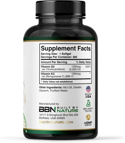 Vista 5 de Built by Nature Vitamina D3 K2, 5000 UI + 100 mcg MK-7, 360 cápsulas blandas extra fuerte, alta absorción, apoyo óseo, corazón e inmunológico