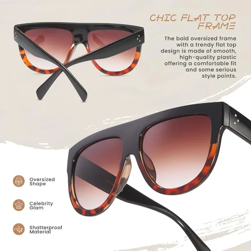 Vista 39 de Gafas de sol de gran tamaño con parte superior plana para mujer, diseño cuadrado grande, retro, gafas de sol