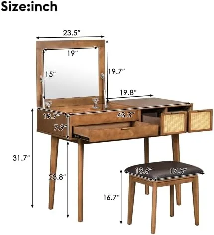 Vista 3 de Escritorio de tocador de 43.3 pulgadas con espejo abatible y taburete, moderno juego de mesa de maquillaje con 3 cajones, juego de tocador