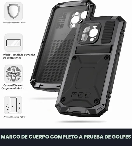 Vista 4 de Lunivop - Carcasa metálica resistente para iPhone 15 Pro Max, color negro