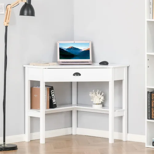 Vista 2 de HOMCOM Escritorio esquinero, escritorio triangular para computadora con cajón y estantes de almacenamiento para espacios pequeños, estación