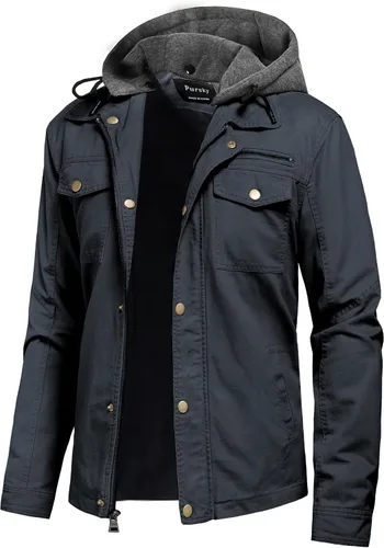 Vista 11 de Pursky Chaqueta de lona de algodón militar casual para hombre con capucha desmontable