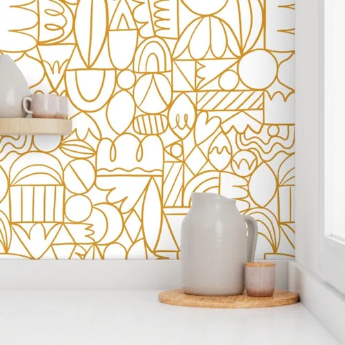 Vista 8 de Muestra de papel tapiz extraíble – Círculos amarillos vintage moderno geométrico arte abstracto personalizado pre-pegado papel pintado por